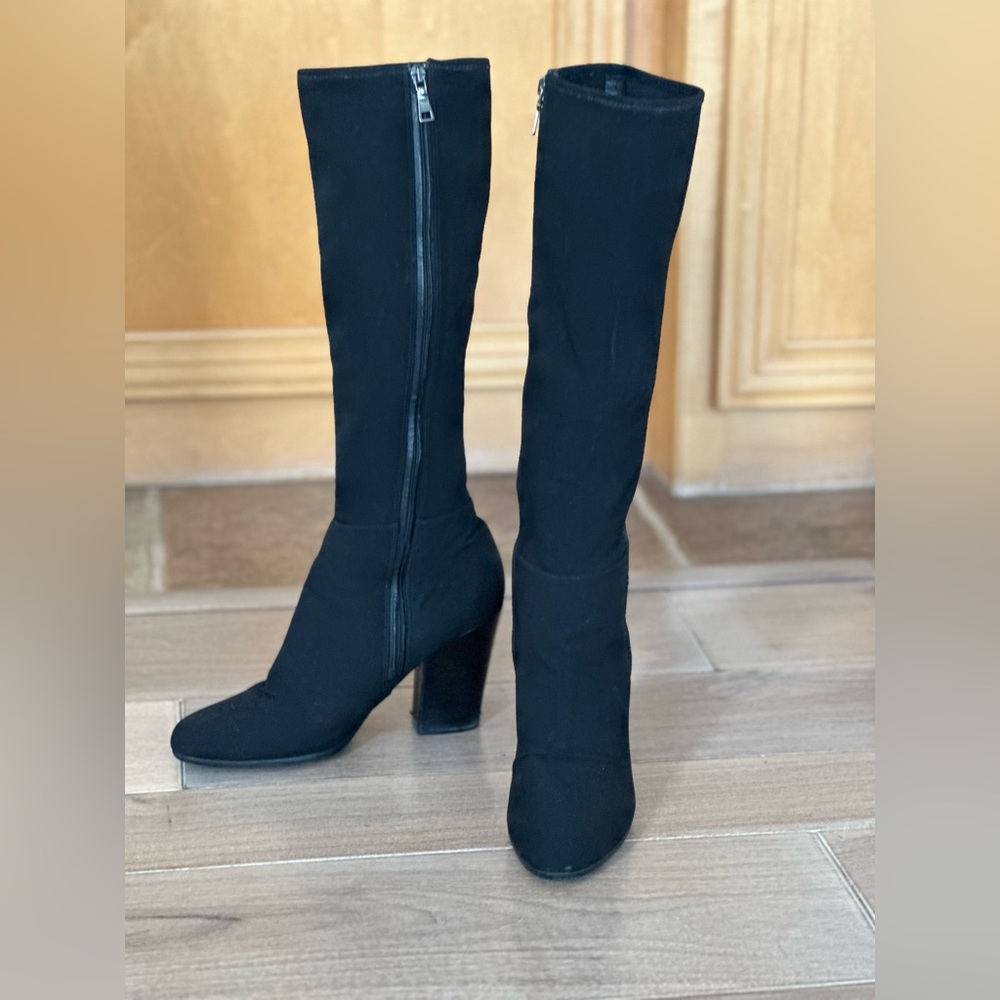 Genuine Prada Black Heeled Boots, Stretch Nylon & Soft Leather, Excellent Cond.